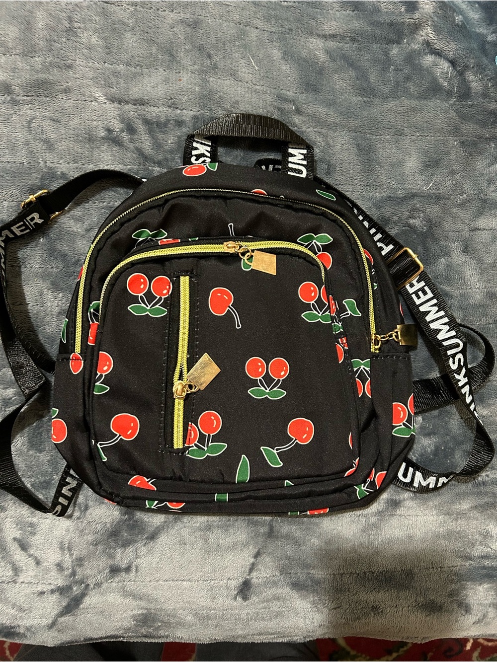 Black Cherry-Print Nylon Mini Backpack with Gold Zippers